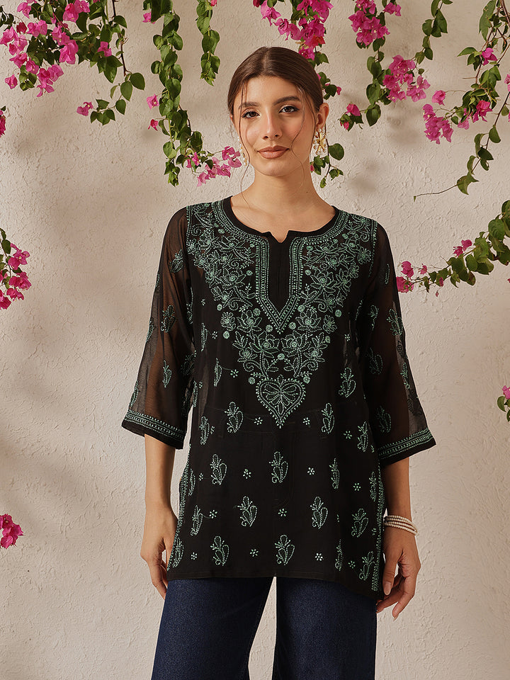 Black & Green Georgette Semi-Sheer Chikankari Tunic With Slip
