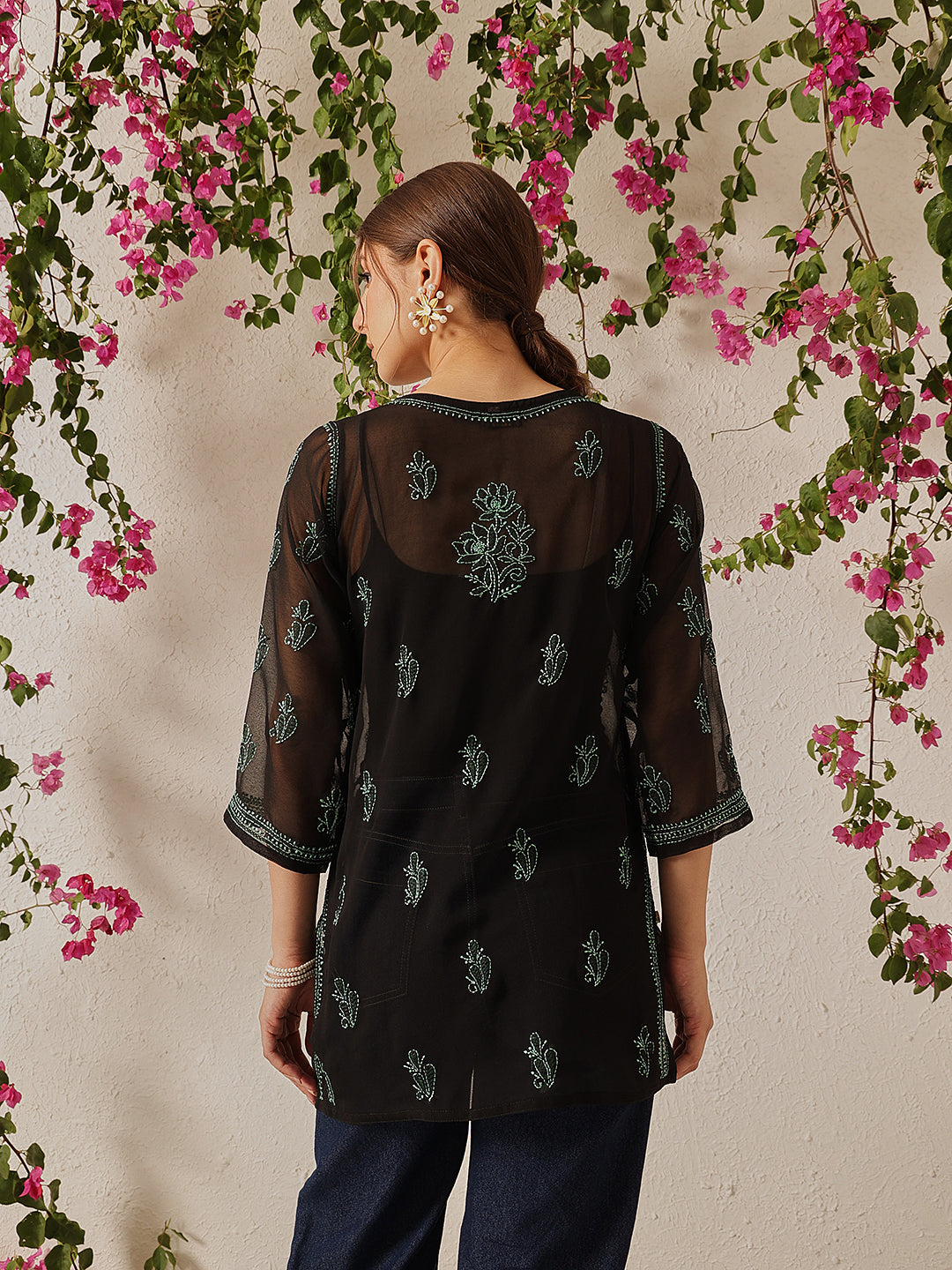 Black & Green Georgette Semi-Sheer Chikankari Tunic With Slip