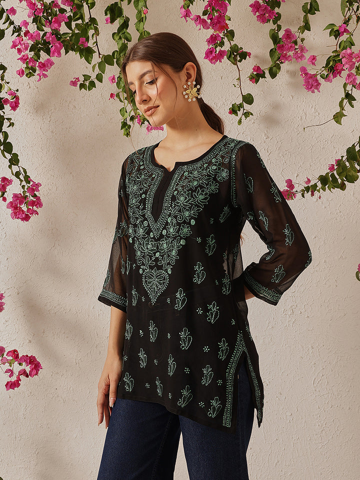 Black & Green Georgette Semi-Sheer Chikankari Tunic With Slip
