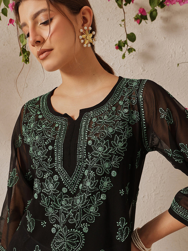 Black & Green Georgette Semi-Sheer Chikankari Tunic With Slip