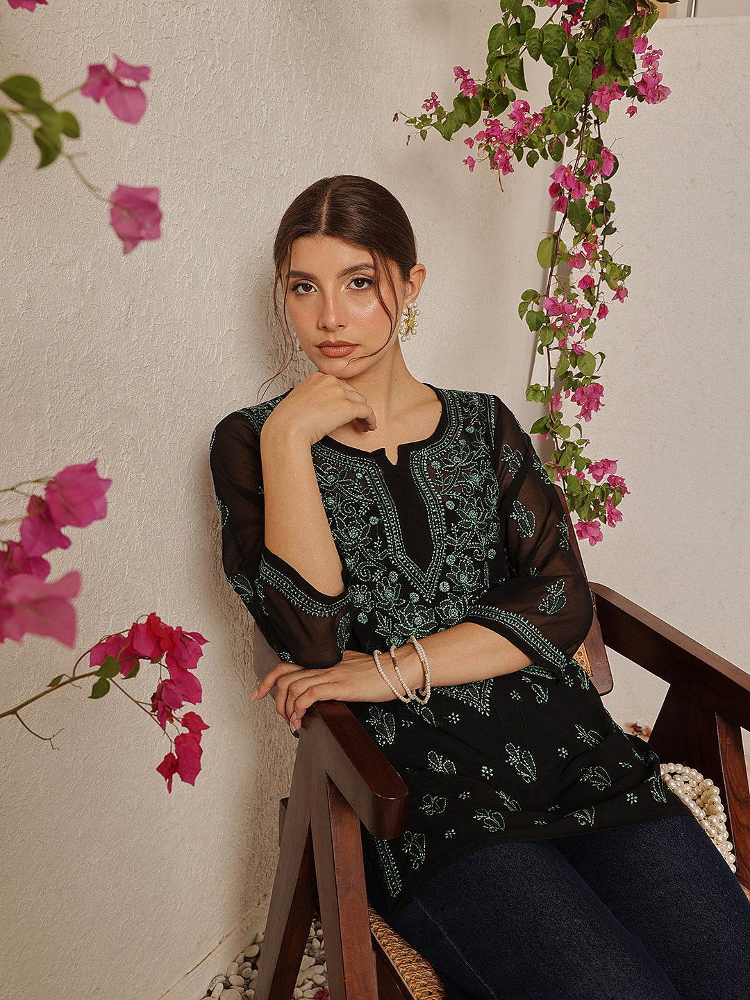 Black & Green Georgette Semi-Sheer Chikankari Tunic With Slip