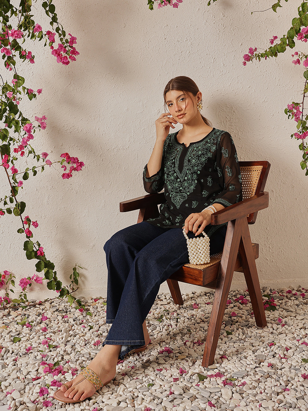 Black & Green Georgette Semi-Sheer Chikankari Tunic With Slip