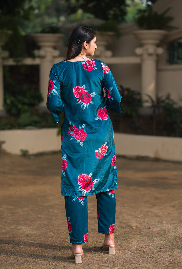 Teal-Rose-Print-Velvet-kurta-2-Piece-Kurta-Set