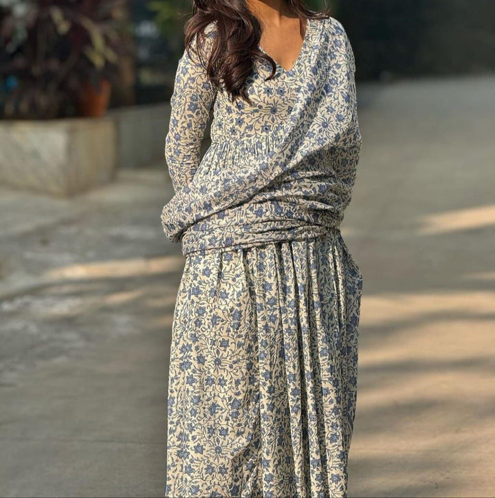 White-Cotton-Sanganeri-Block-Print-Gulnar-Kurta-Set