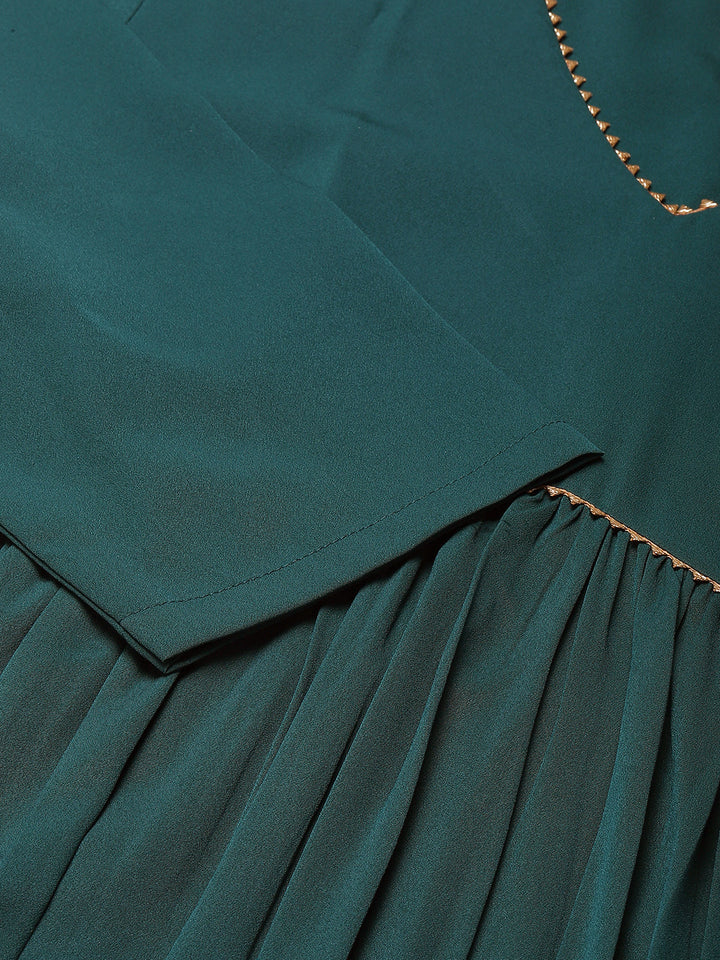 Teal-Green-Crepe-Gathered-Flared-3-Piece-Kurta-Set