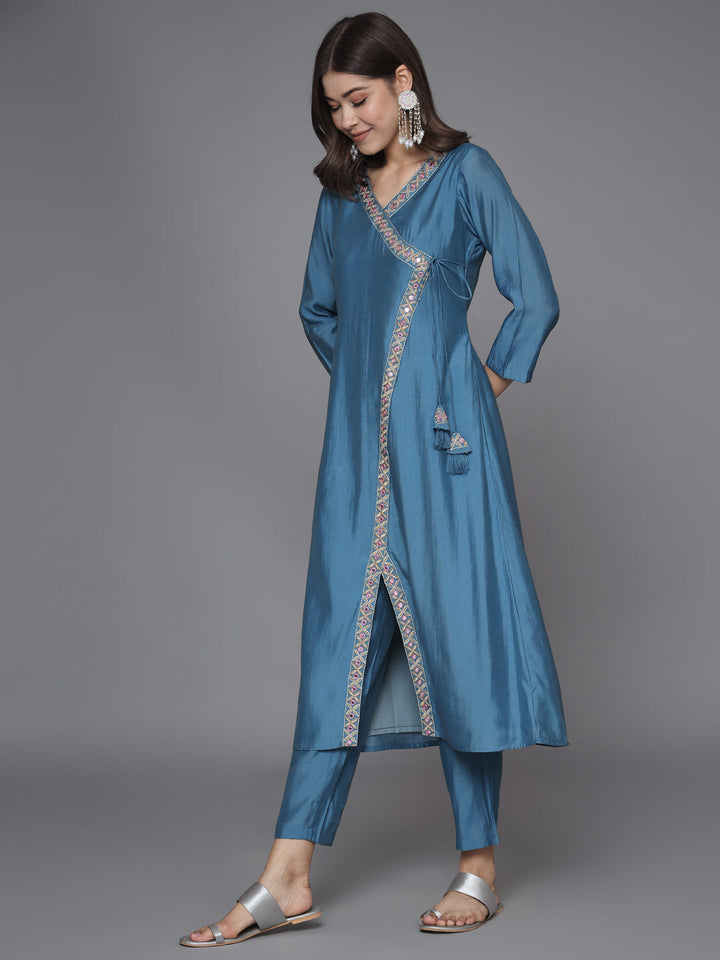 Blue-Silk-Blend-Embroidered-Crossover-Style-2-Piece-Kurta-Set