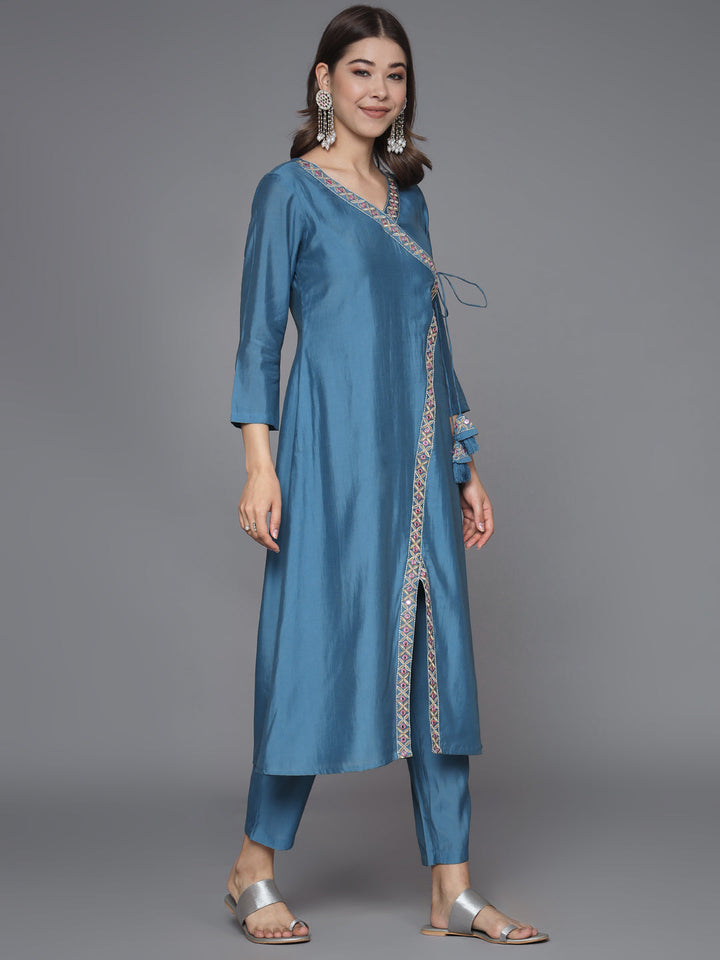Blue-Silk-Blend-Embroidered-Crossover-Style-2-Piece-Kurta-Set