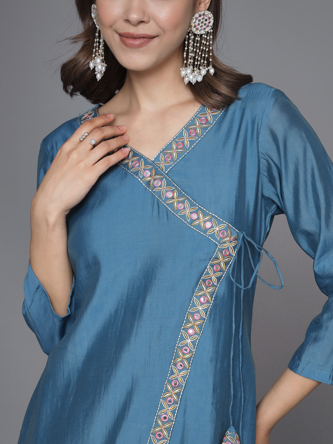 Blue-Silk-Blend-Embroidered-Crossover-Style-2-Piece-Kurta-Set