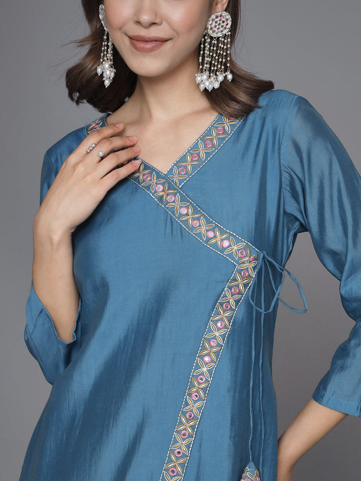 Blue-Silk-Blend-Embroidered-Crossover-Style-2-Piece-Kurta-Set