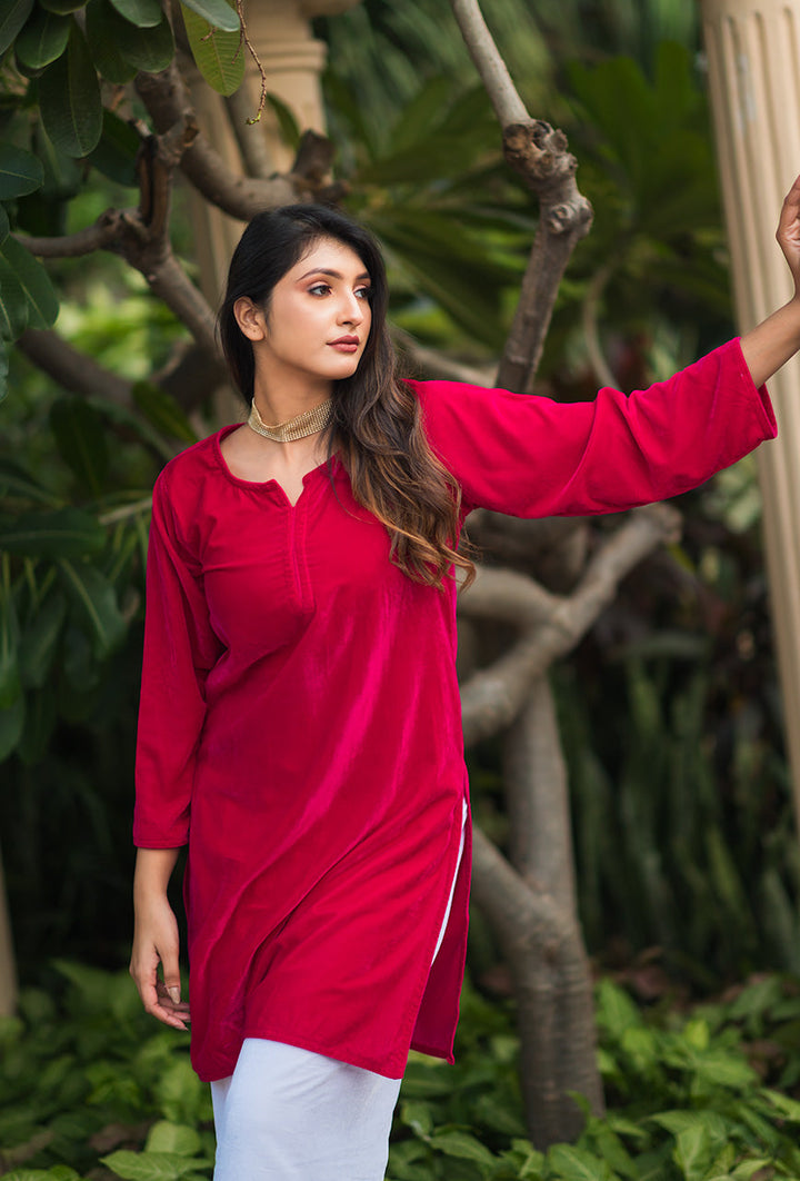 ZERESOUQ-Pink-Velvet-Solid-2-Piece-Kurta-Set