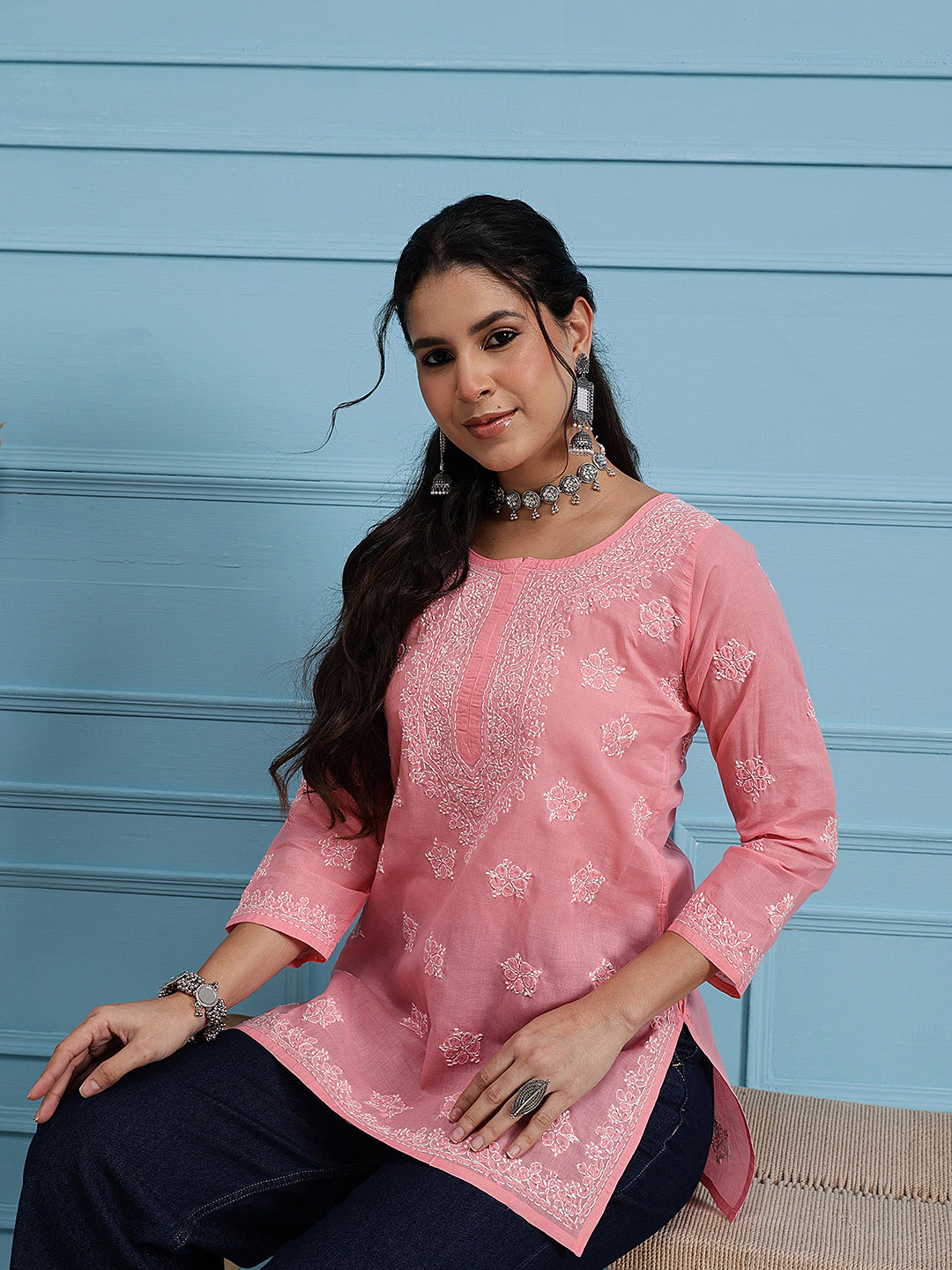 Peach & White Floral Bale Booti Chikankari Tunic Top