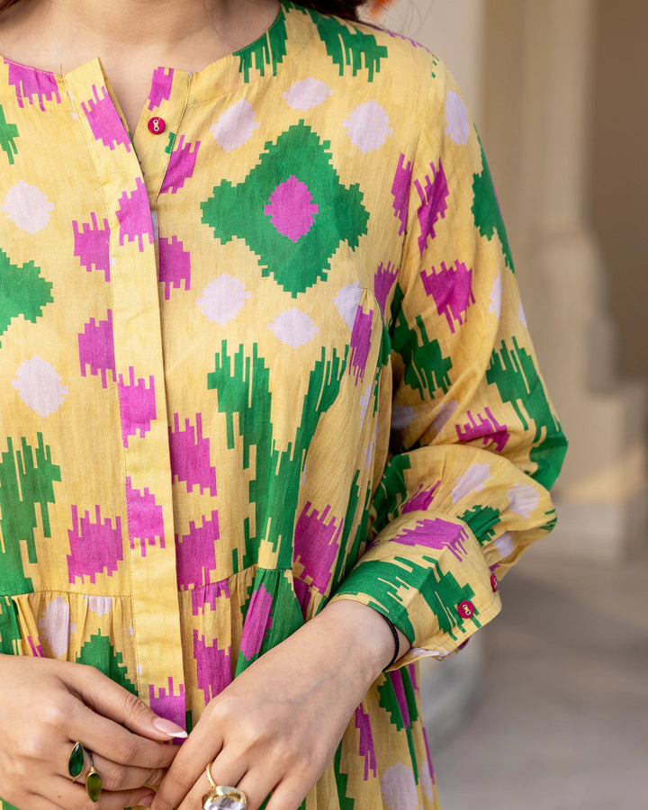 Pastel-Yellow-Cotton-Tiered-Ikat-Mini-Dress