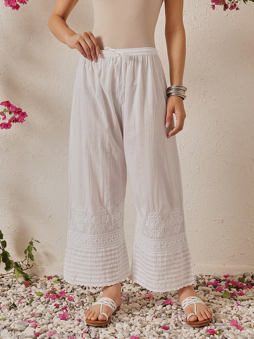 White Cotton Chikankari Straight Palazzo