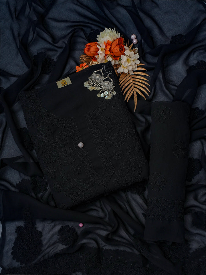 Black Chikankari Unstitched Dress Material