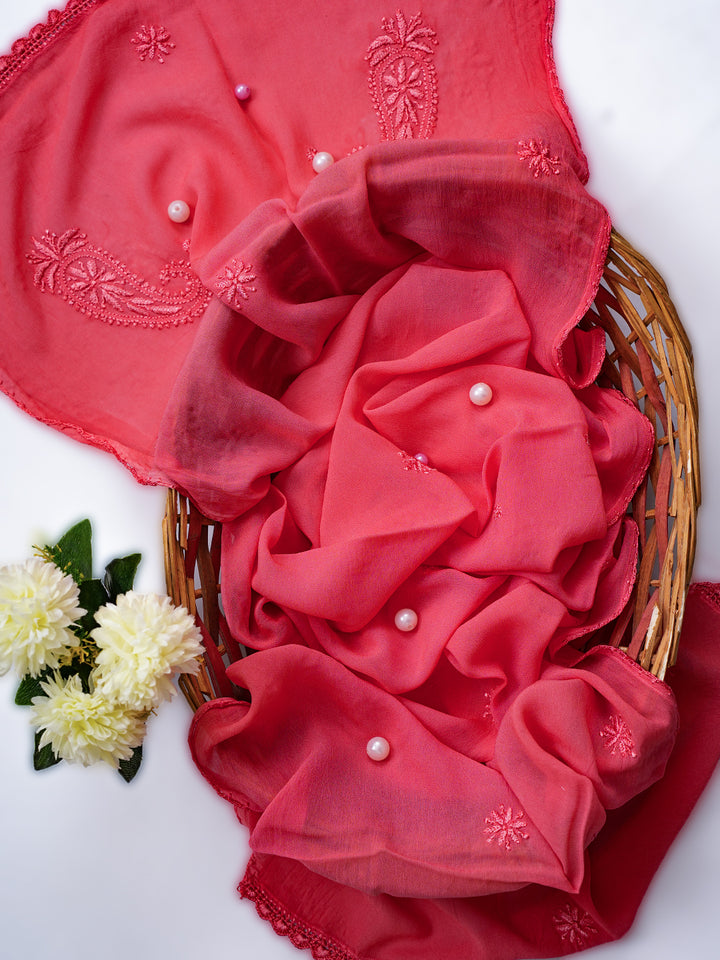 Dupatta - Pink Viscose Georgette Chikankari Carry Stole