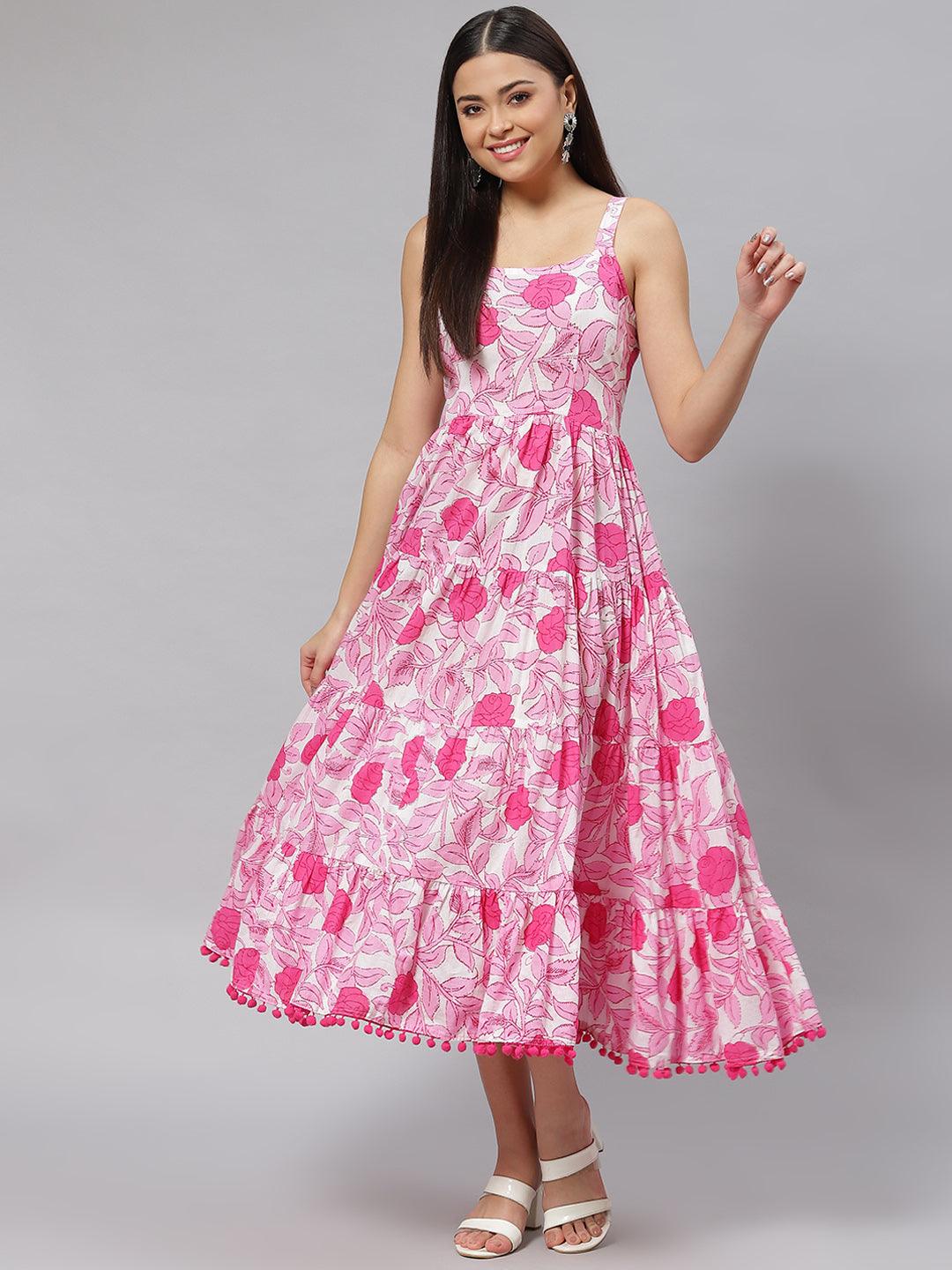 White & Pink Pure Cotton Floral Shoulder Strip Long Dress
