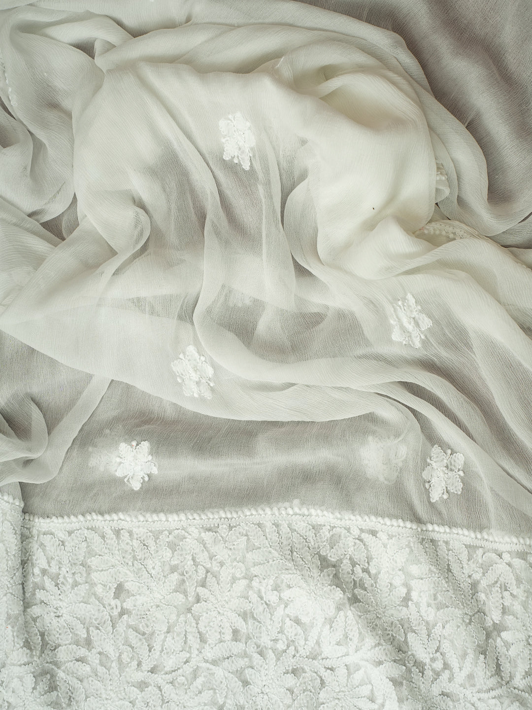 White Chiffon Embroidered Embellished Chikankari Dupatta