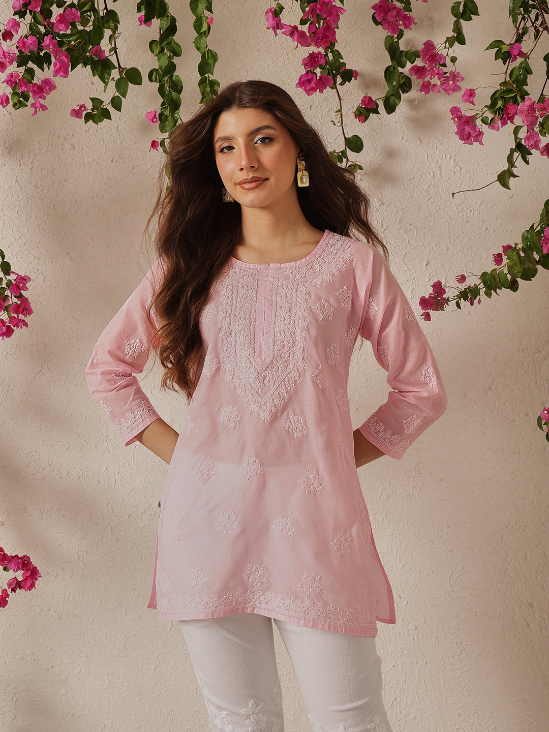 Pink Cotton Chikankari Tunic Kurti
