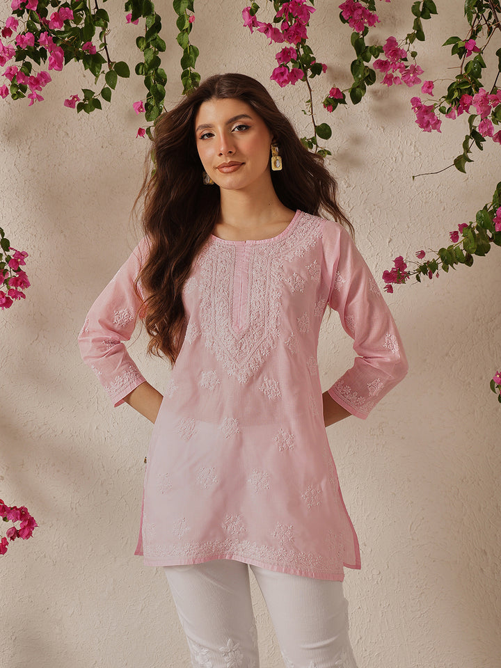 Pink Cotton Chikankari Tunic Kurti