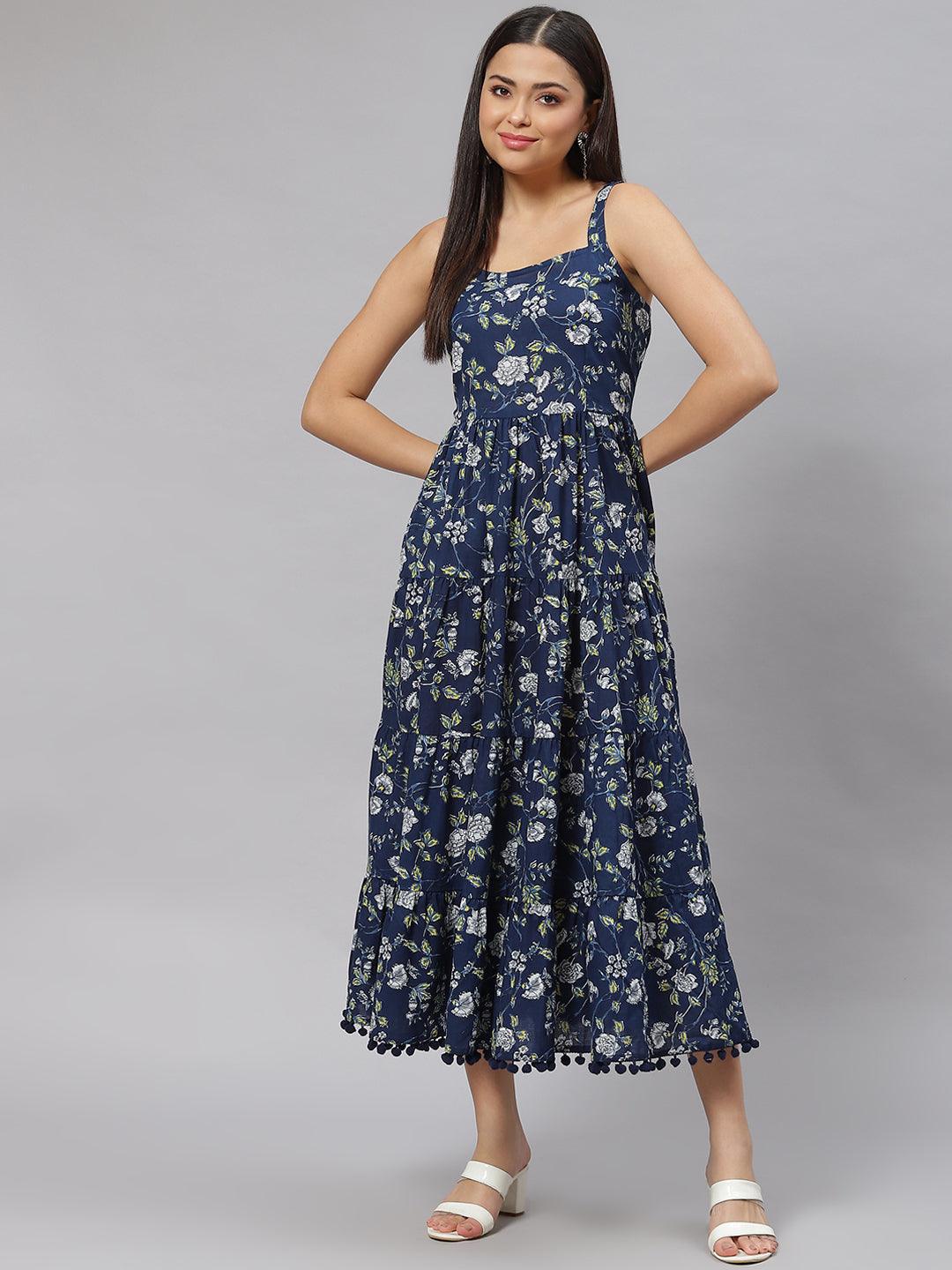 Blue-Pure-Cotton-Floral-Shoulder-Strip-Long-Dress