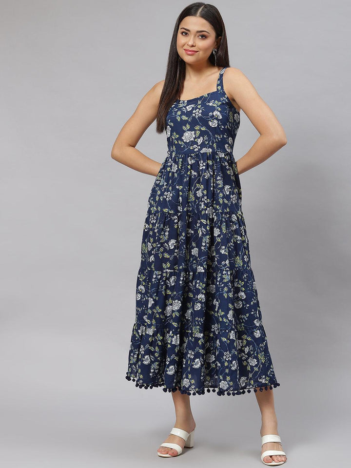 Blue-Pure-Cotton-Floral-Shoulder-Strip-Long-Dress