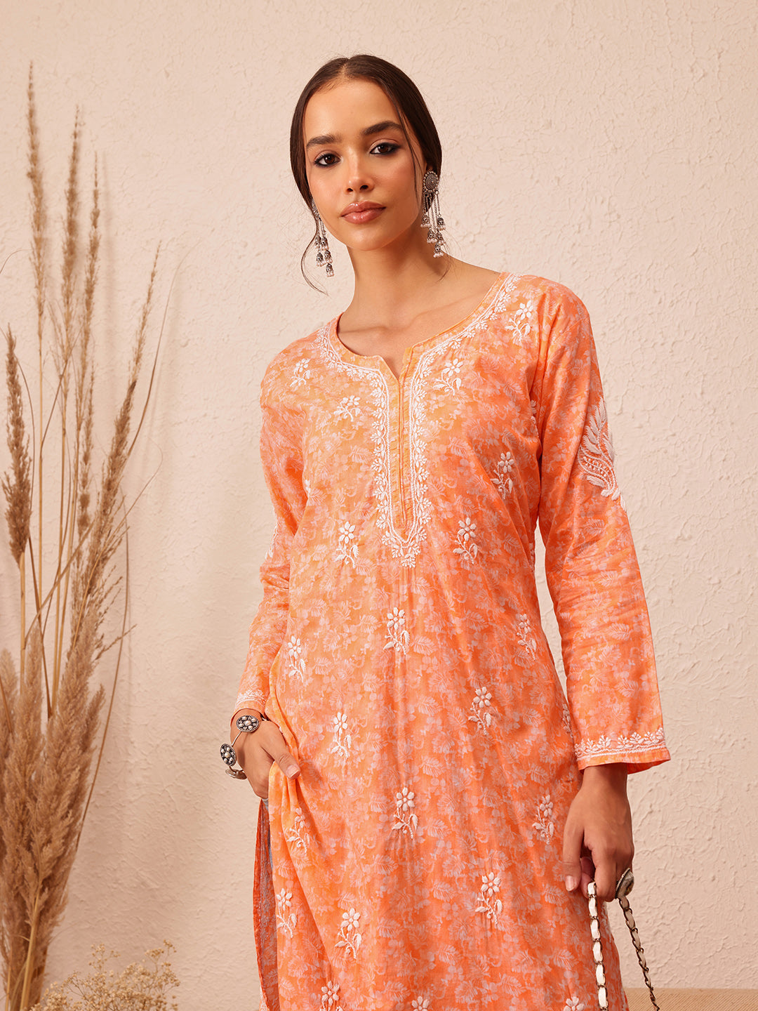 Peach Cotton Lucknow Chikankari Kurta