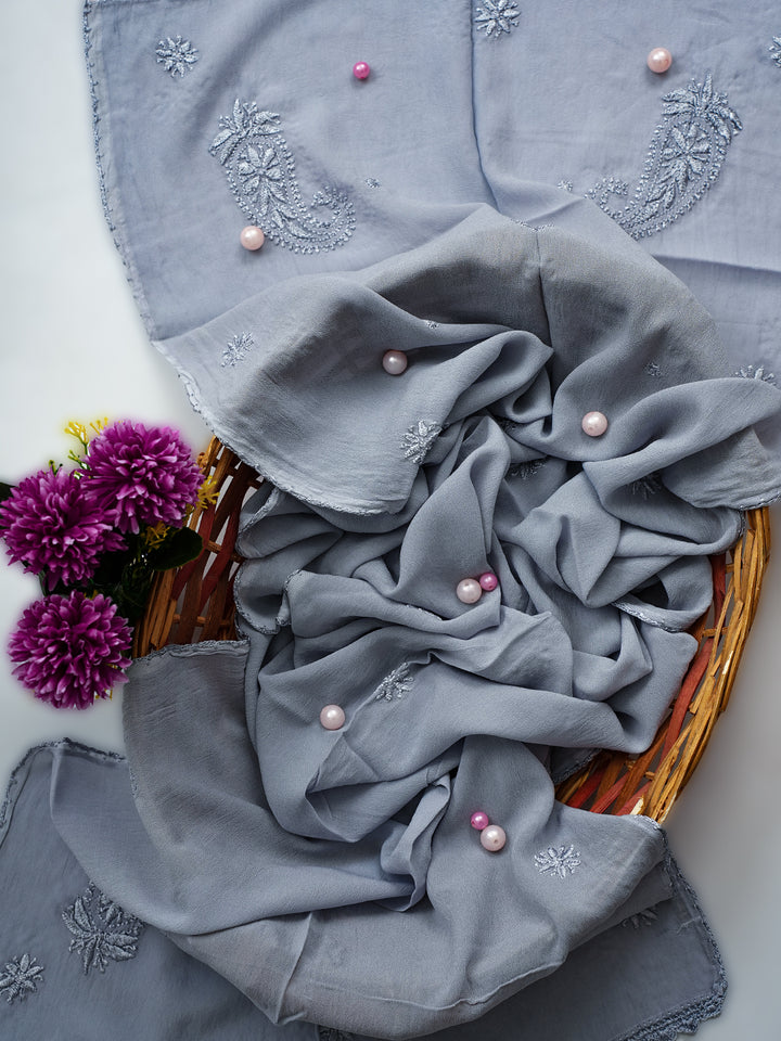 Dupatta - Grey Viscose Georgette Chikankari Carry Stole