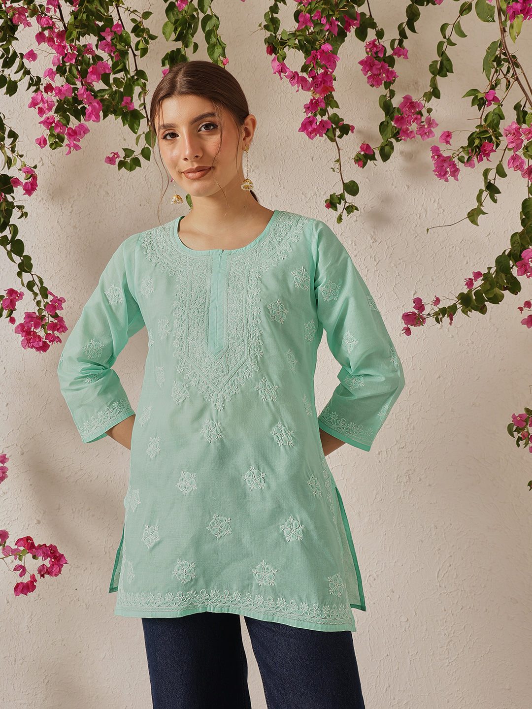 Sea Green Cotton Chikankari Tunic Kurti