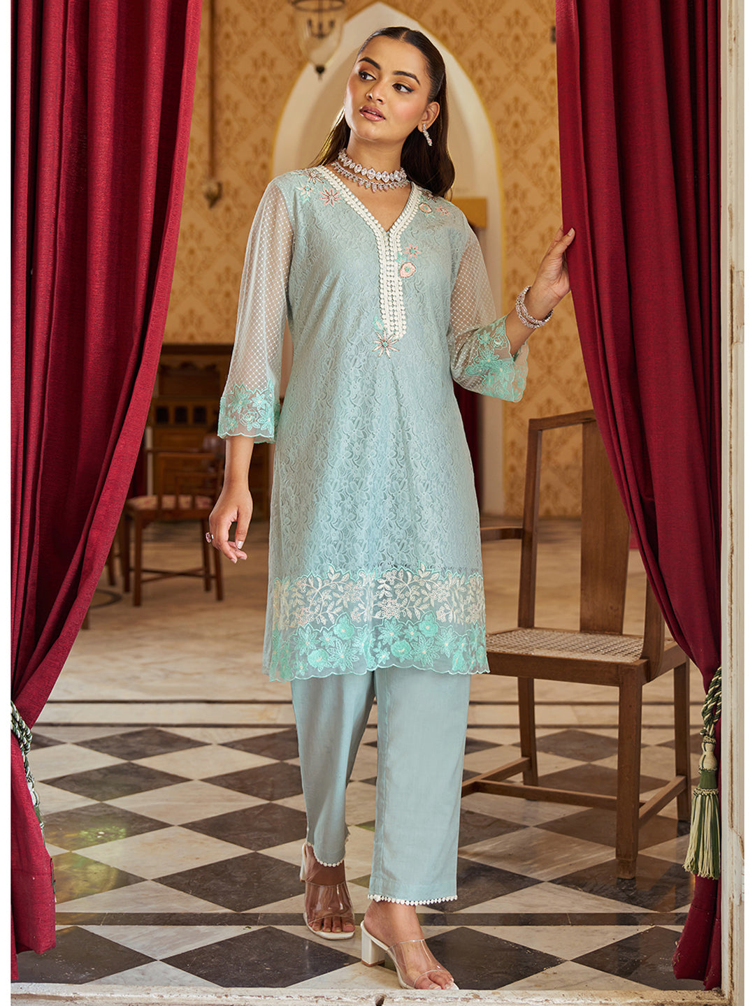 Blue-Raschel-Knit-Floral-2-Piece-Kurta-Set