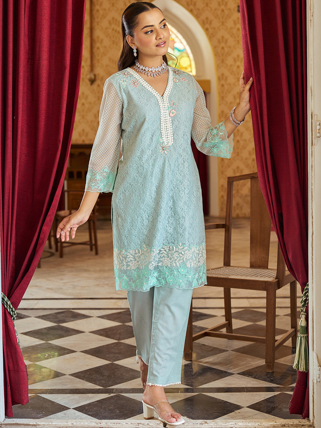 Blue-Raschel-Knit-Floral-2-Piece-Kurta-Set