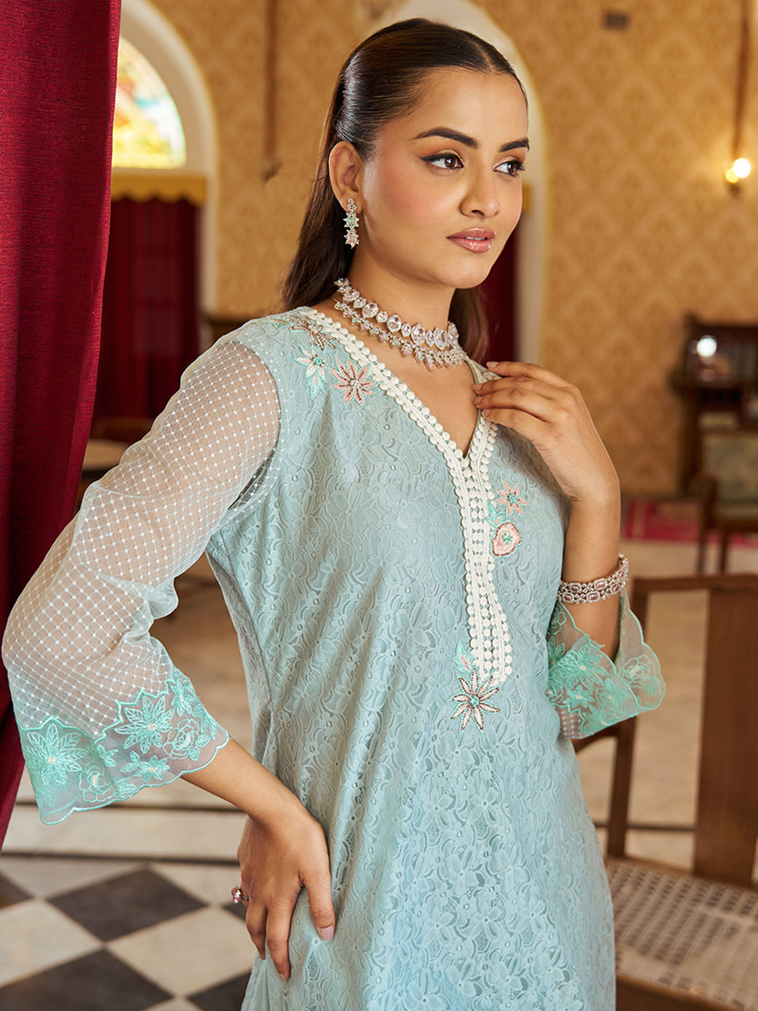 Blue-Raschel-Knit-Floral-2-Piece-Kurta-Set