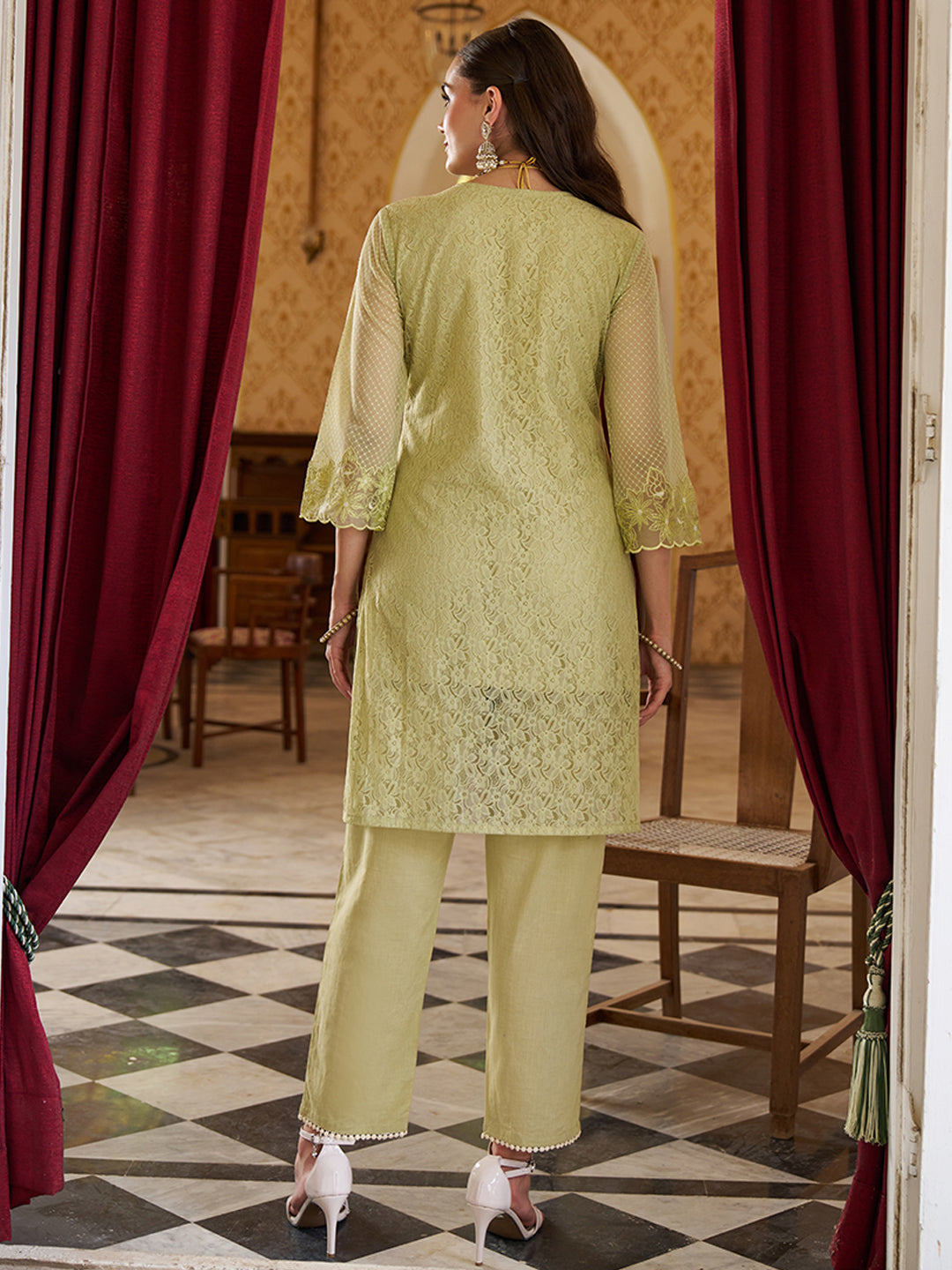 Olive-Green-Raschel-Knit-Floral-2-Piece-Kurta-Set