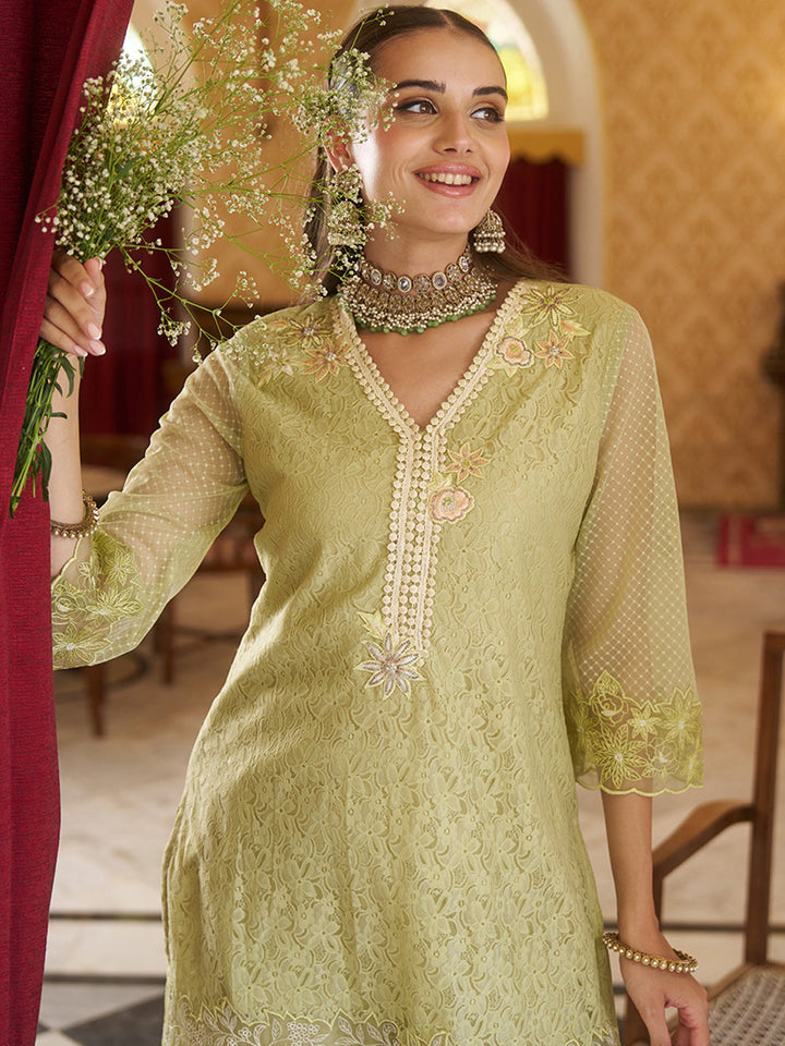 Olive-Green-Raschel-Knit-Floral-2-Piece-Kurta-Set