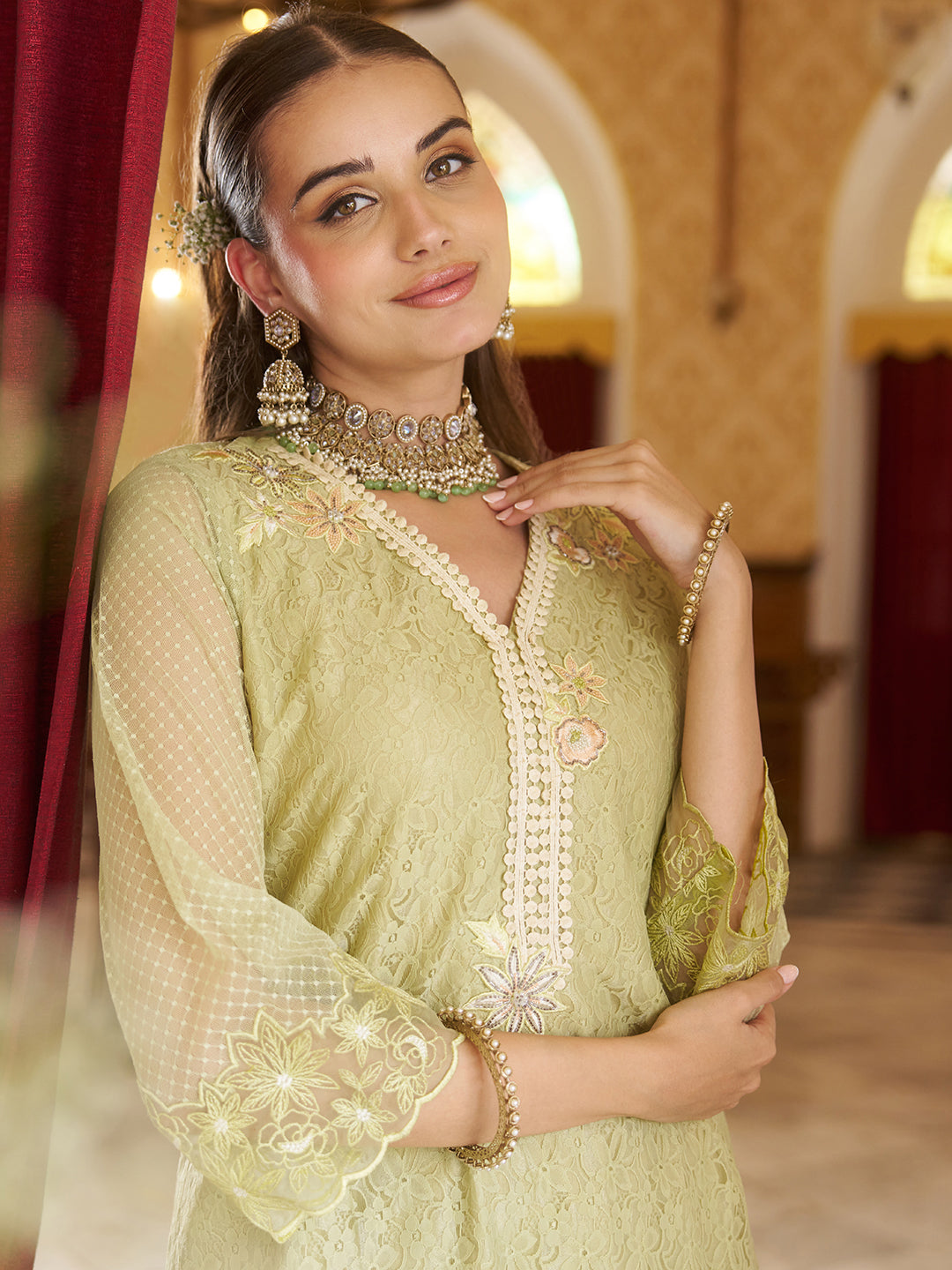 Olive-Green-Raschel-Knit-Floral-2-Piece-Kurta-Set