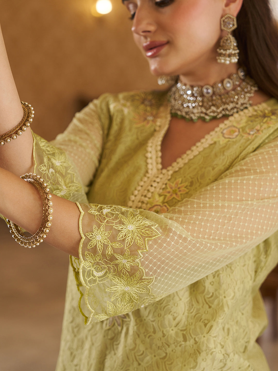 Olive-Green-Raschel-Knit-Floral-2-Piece-Kurta-Set