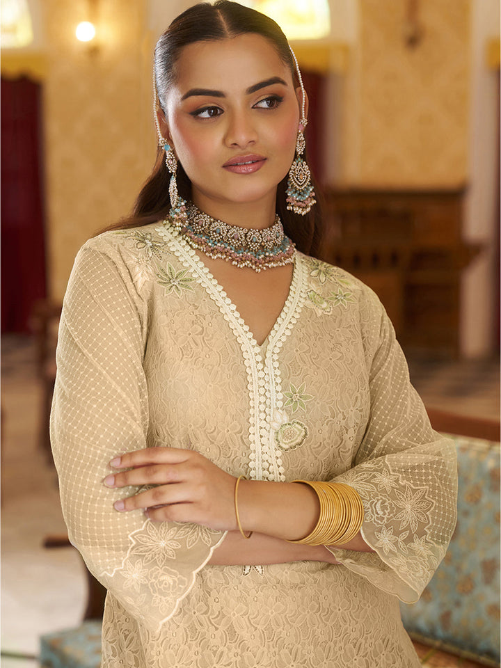 Biege-Raschel-Knit-Floral-2-Piece-Kurta-Set