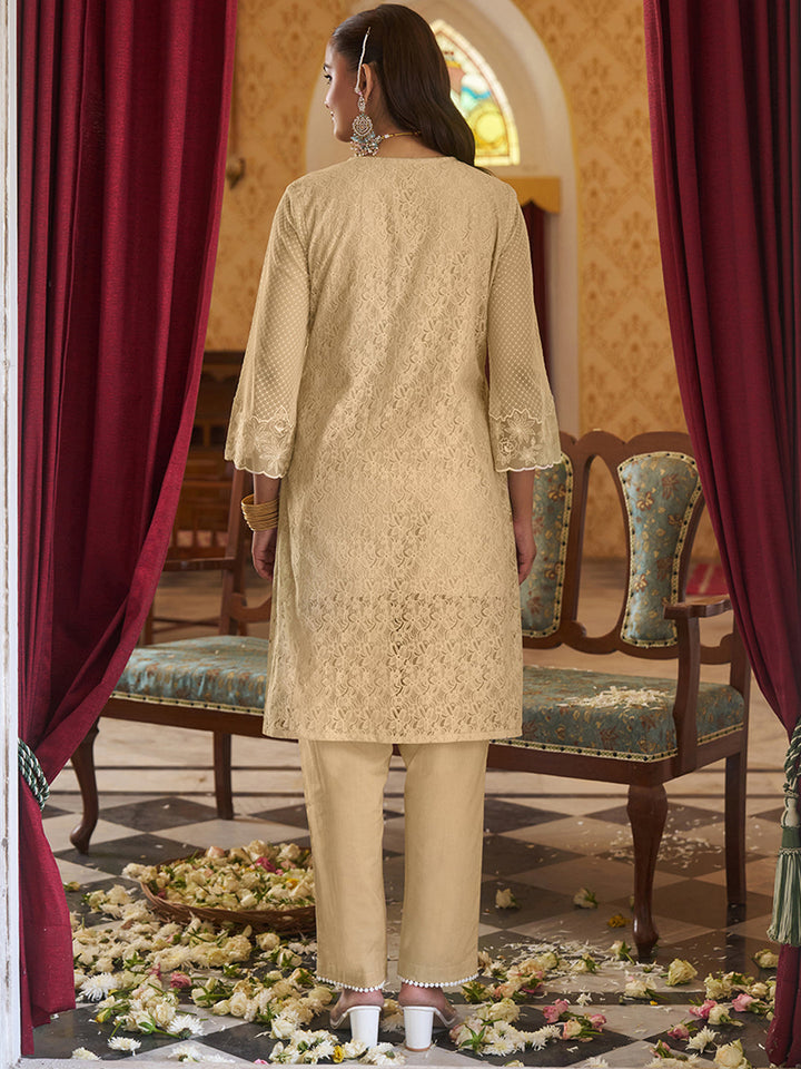 Biege-Raschel-Knit-Floral-2-Piece-Kurta-Set