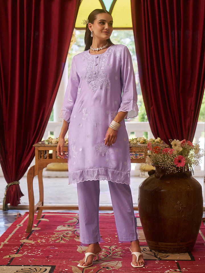 Lilac-Viscose-Floral-2-Piece-Kurta-Set