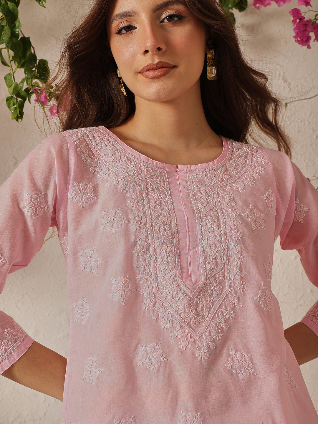 Pink Cotton Chikankari Tunic Kurti