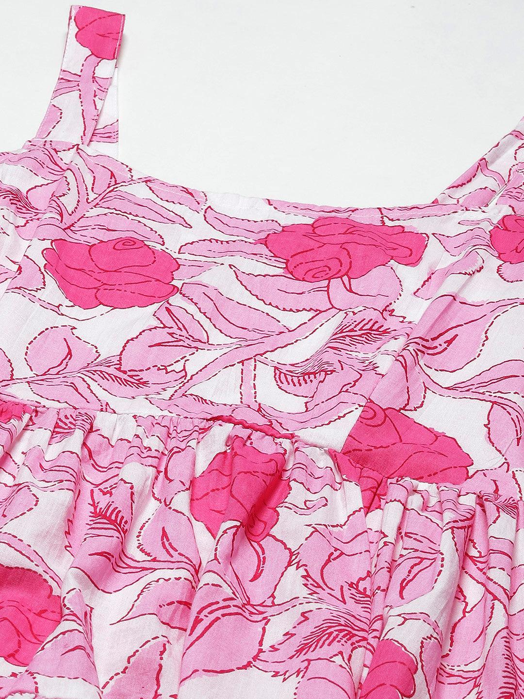 White-&-Pink-Pure-Cotton-Floral-Shoulder-Strip-Long-Dress