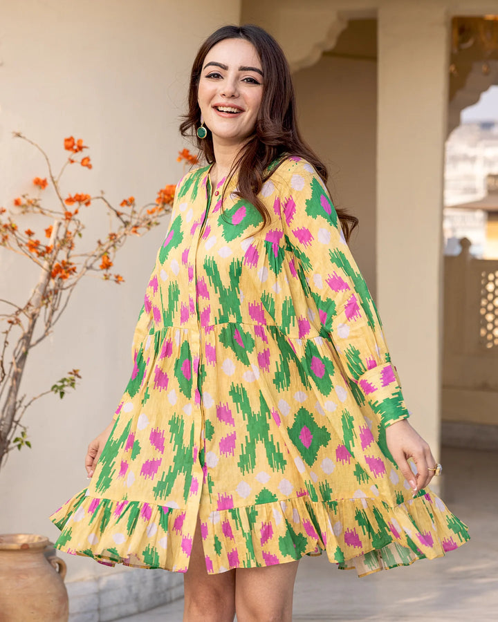 Pastel-Yellow-Cotton-Tiered-Ikat-Mini-Dress