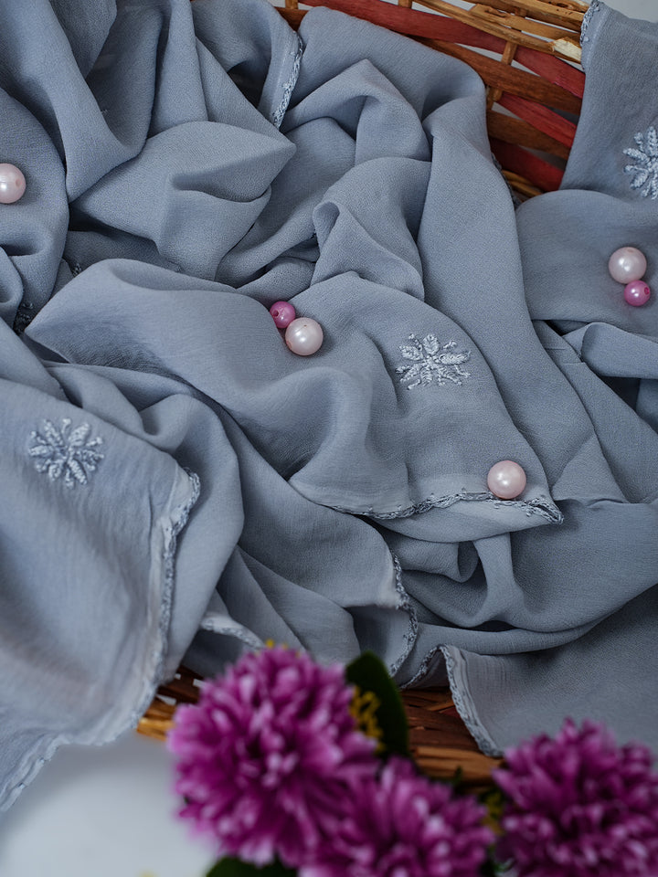 Dupatta - Grey Viscose Georgette Chikankari Carry Stole