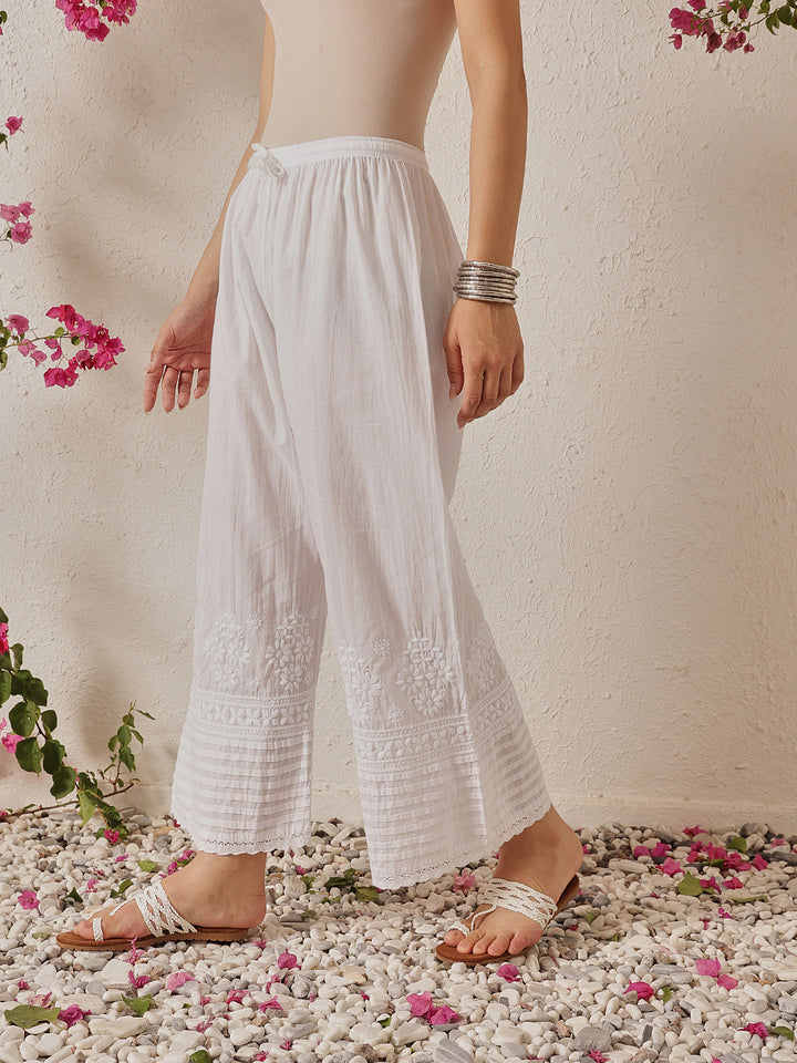 White Cotton Chikankari Straight Palazzo