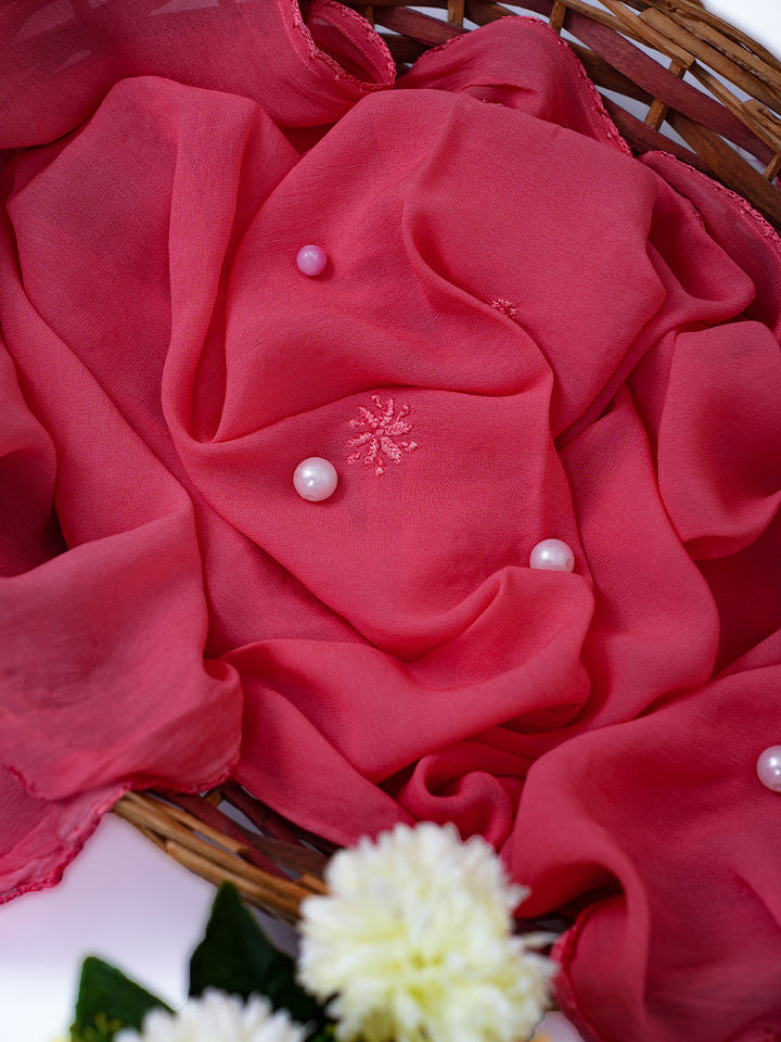 Dupatta - Pink Viscose Georgette Chikankari Carry Stole