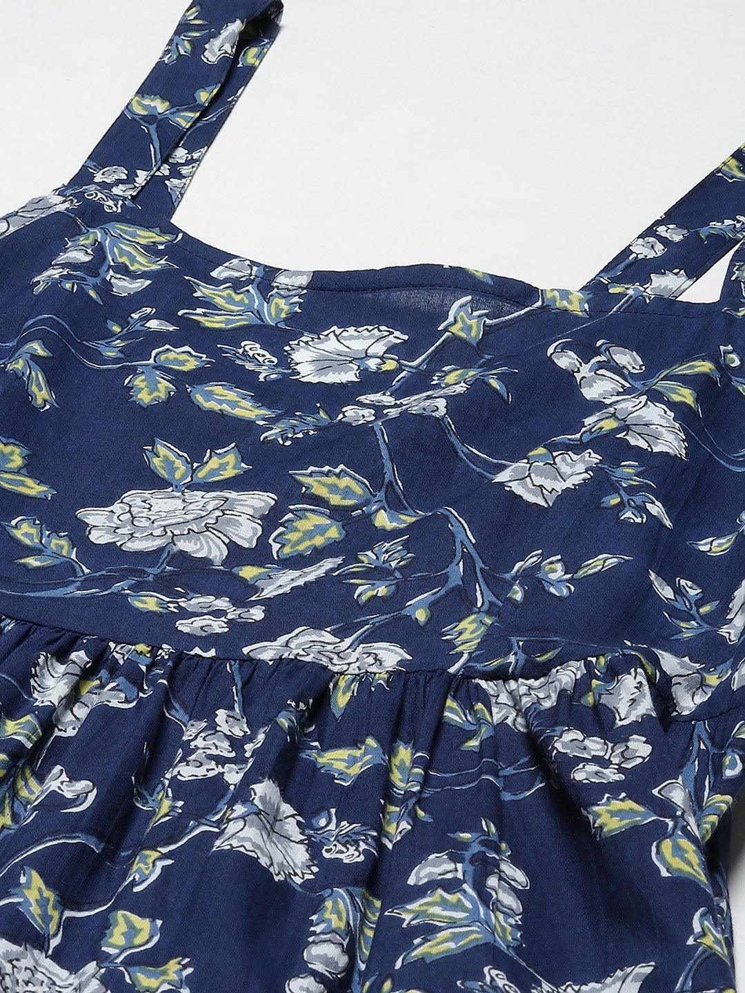 Blue-Pure-Cotton-Floral-Shoulder-Strip-Long-Dress