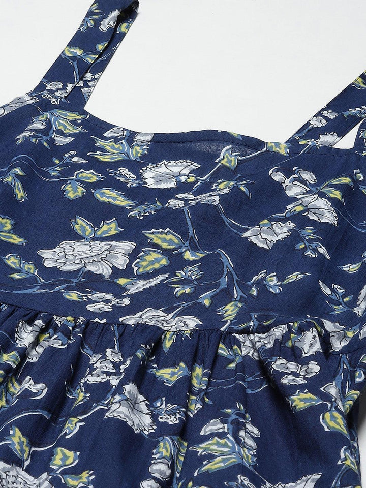 Blue-Pure-Cotton-Floral-Shoulder-Strip-Long-Dress