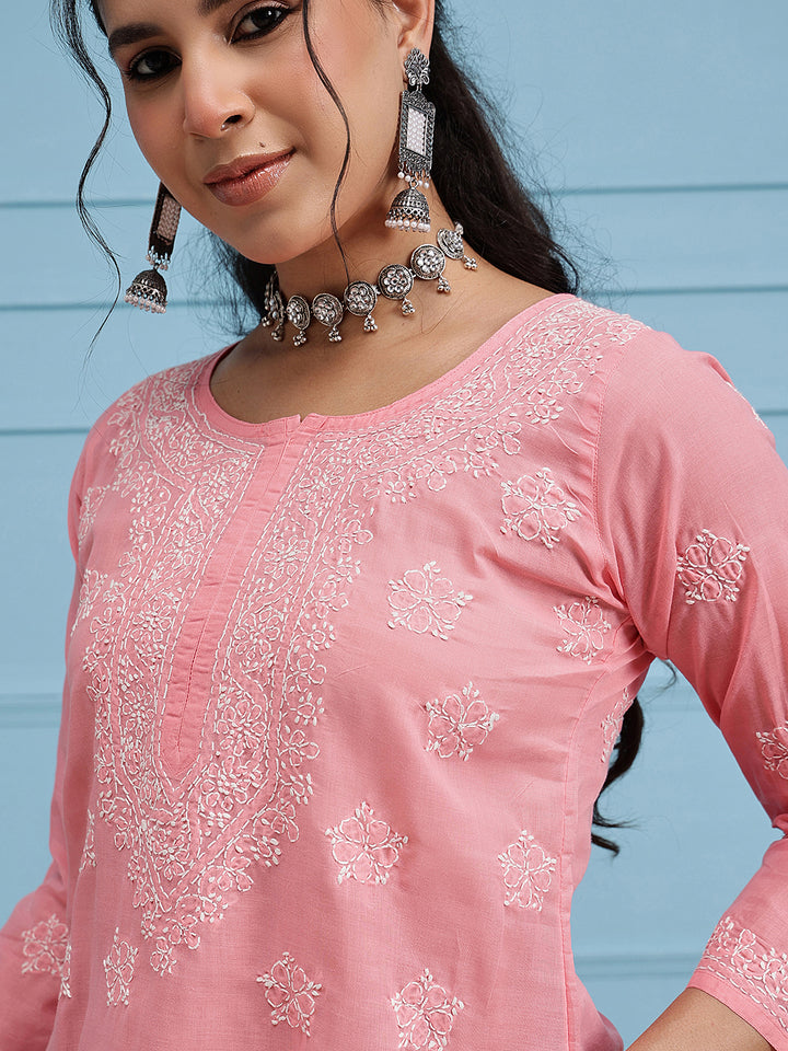 Peach & White Floral Bale Booti Chikankari Tunic Top