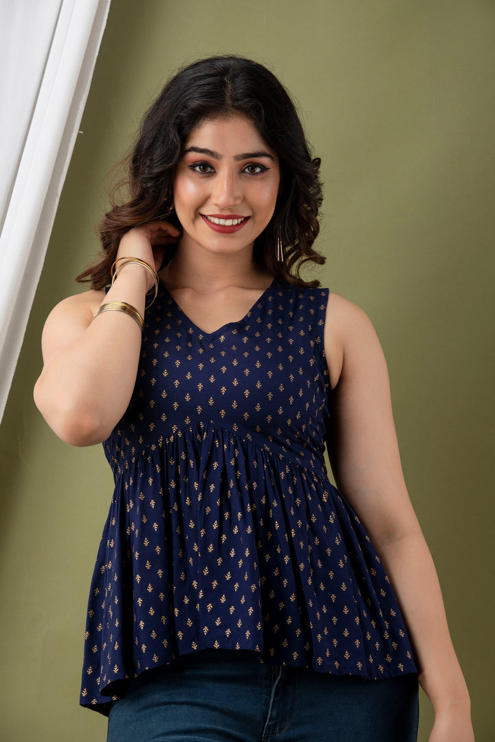 Blue Rayon Printed Flared Top