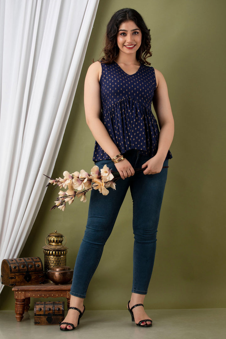 Blue Rayon Printed Flared Top