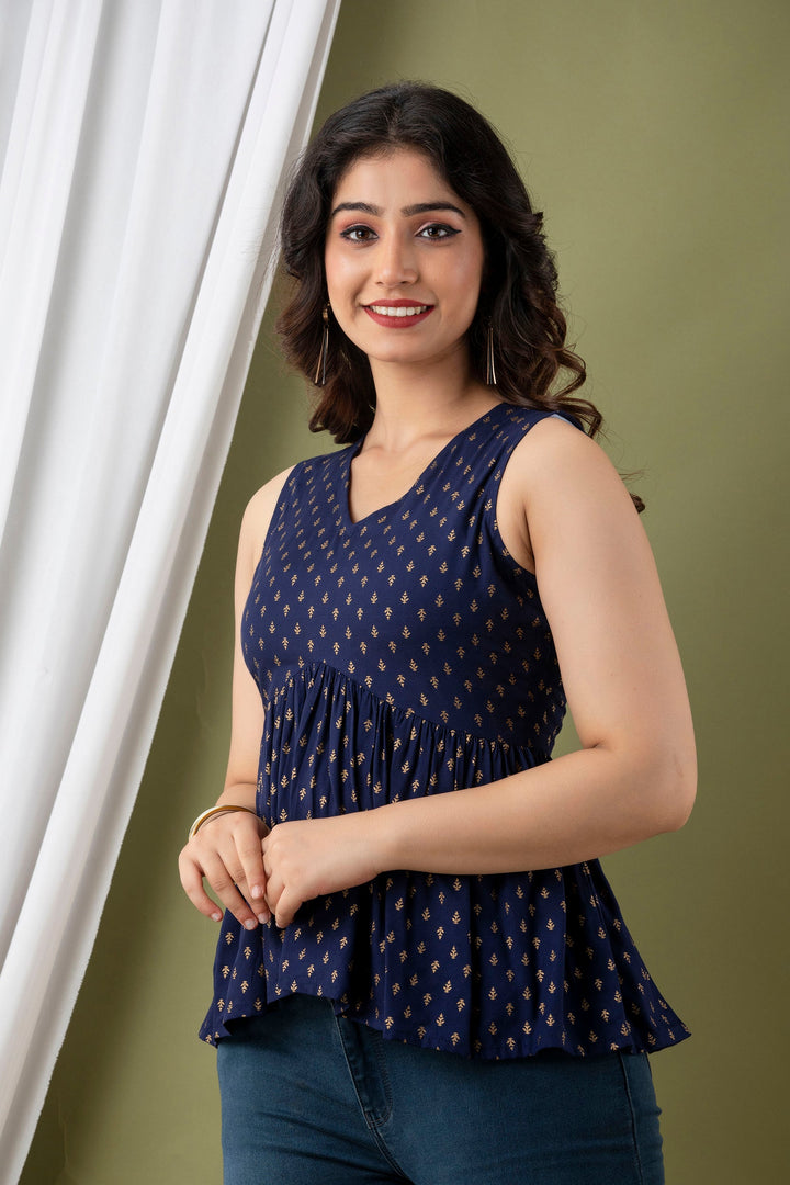 Blue Rayon Printed Flared Top